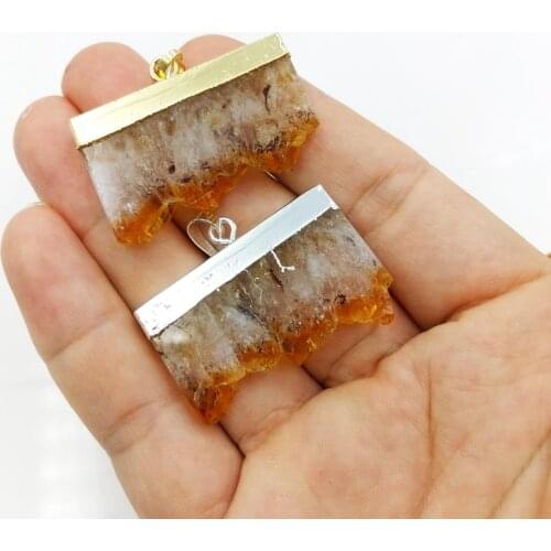 Rectangle Raw Citrines Geode Slice Pendants Yellow Crystal Quartz Drusy Slab Charms For DIY Necklace Jewelry making