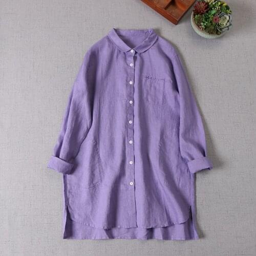 Literature and art pure linen shirt spring and autumn medium length long sleeve Lapel bottomed shirt 0402