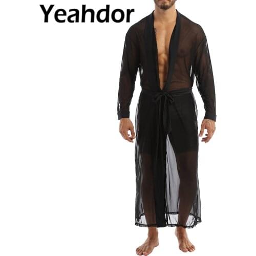 2021 Men Sexy See Through Windbreaker Open Front Mesh Transparent Long Sleeve Long Shirt Casual Cloak Top with Drawstring