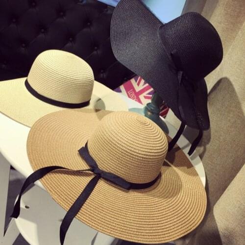 Summer Straw Hat Women Big Wide Brim Bowknot Ribbon Sun Hat Ladies Foldable Floppy Panama Beach Cap