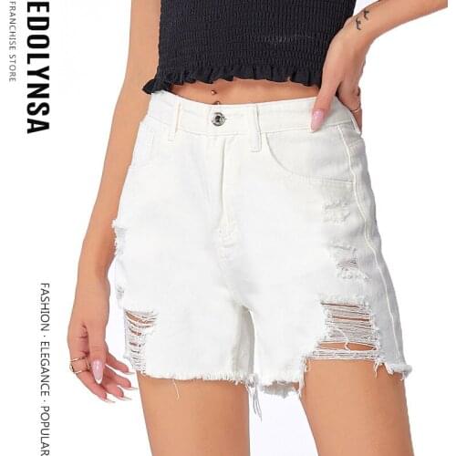 Womens White Short Jeans Solid Wide Leg Elastic Waist Vintage High Waist Shorts Women 2021 New Summer Hole Ladies Shorts Y130