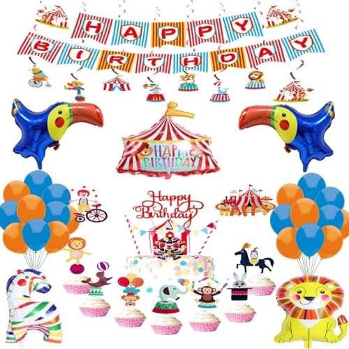 Retro Magic Circus Party Decoration Clown Animal Lion Zebra Birthday Cake Topper 32inch Number Balloons Kid Favorite Funny