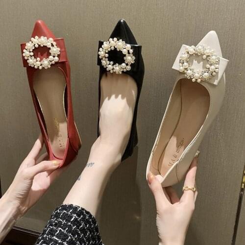 3cm Women Pumps Pearls Boat Shoes Pointed Toe Dress Shoes Crystal Low Heel Office Lady Shoes Black Red Begie zapatos mujer 8766N
