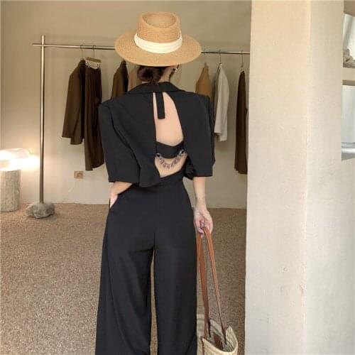 Korean Summer Outfits Two Piece Set Women Loose Hollow Out Short Sleeve Crop Top Blazer and High Waist Strap Jumpsuits Sexy Suit