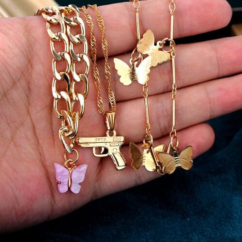 2020 Fashion Gold Color Pistol Pendant Necklace for Women Multilayer Acrylic Butterfly Choker Necklace Punk Hip-hop Jewelry