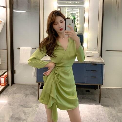 Sheer Autumn Winter Dresses for Women Long Sleeve Ruched Mini Green Dress Ladies Corset Asymmetrical Ruffle Dress Woman Vestidos
