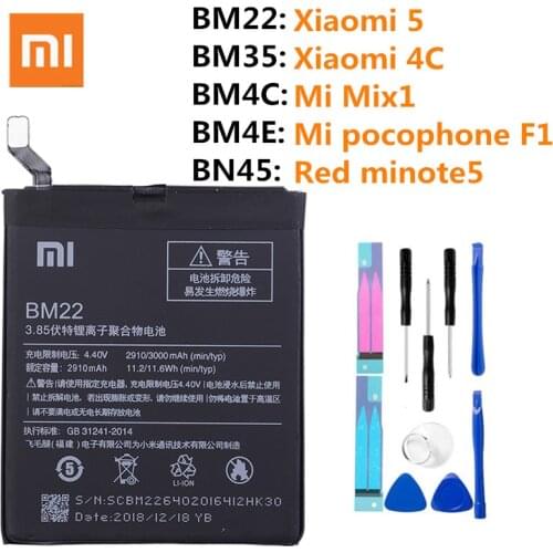 100%Original xiaomi replacement battery BM22 xiaomi5 BM35 xiaomi 4C BM4E Mi pocophone F1 BN45 Redmi note5 BM4C Fro Mi Mix1 tools