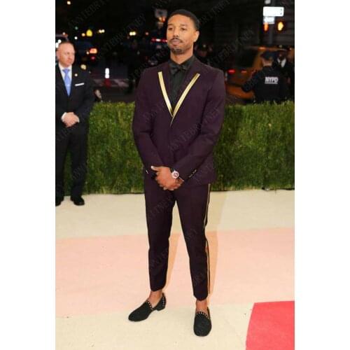 ANNIEBRITNEY New Designs Gold Lapel Men Suit Set Casual Dark Burgundy Tuxedo Slim Fit 2Pcs Men Suits Groom Wedding Prom Blazer