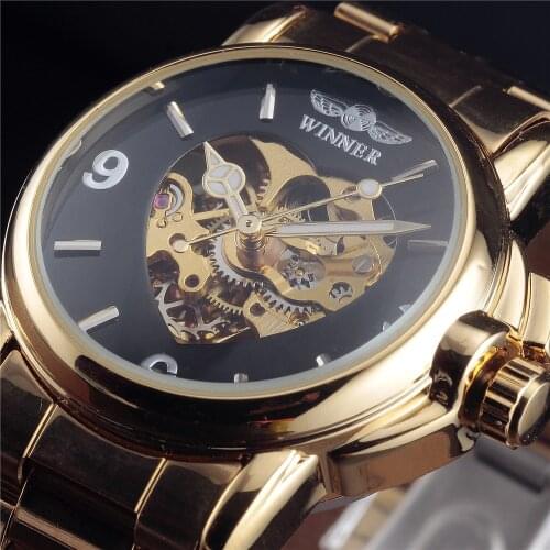 2017 WINNER Brand Women Watch Luxury Automatic Self Wind Watch Skeleton Black Dial Transparent Glass Gold Stainless Steel Band