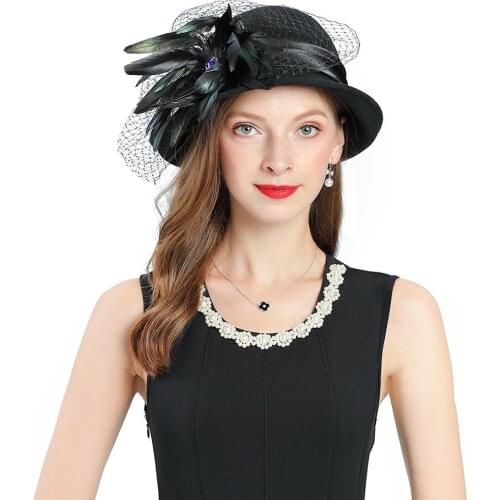 Church Black Hats for Women Fedoras Fascinator Elegant Feather Veil Cap Wool Material Fashion Large Brim Bowler Lady Hat Base