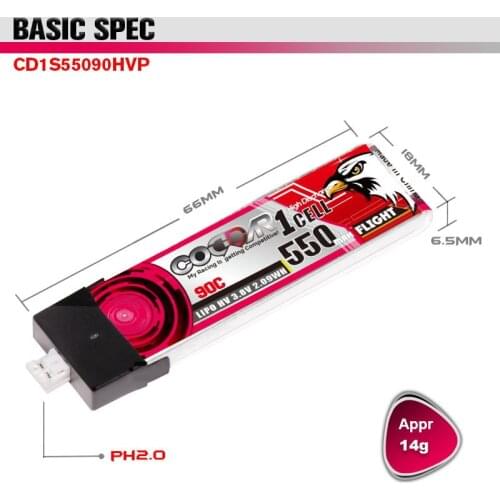 CODDAR 550mAh 3.8V 1S 90C HV Light Weight Lipo Battery PH2.0 Plug For URUAV UR65 Happymodel Mobula7Snapper FPV Drone Beta95x