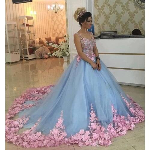 Baby Blue 3D Floral Masquerade Gowns Cathedral Court Handmade Flower Debutante Quinceanera Dresses Sweet 16 Dress