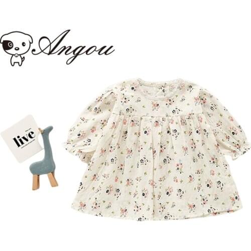 Angou Korean Style Autumn Baby Girl Long Sleeves Floral Dress Child Cotton Soft Princess Spring Sweet Skirt Infant Baby Clothes