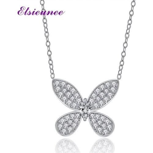 ELSIEUNEE Cute Butterfly 925 Sterling Silver Simulated Moissanite Diamond Pendant Necklace for Women Wedding Fine Jewelry Gifts