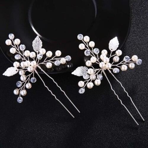 FORSEVEN 2pcs Simulated Pearl Hand-made Bridal Hairpins Crystal Hair Pins Silver Color Leaves Hairdress Wedding Hair Accessories