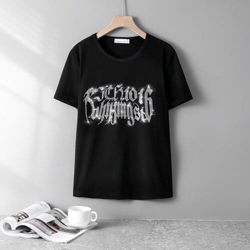 Large Size 2021 New Summer Tide Brand Letters Diamond T-Shirt Female Short-Sleeve Wild Fat MM Cotton Loose Tide Tops 3525