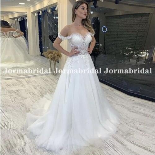 Jormabridal Boho Wedding Dress Off Shoulder Ruffles Sweetheart Neckline See Through Appliques Wedding Gown Beach Bridal Dresses