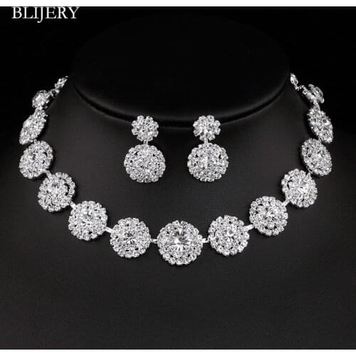 BLIJERY Sparkling Silver Color Crystal Wedding Jewelry Set for Women Statement Choker Necklace Earrings Set Bridal Jewelry Set