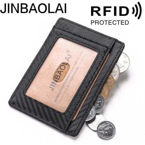 Fashion Slim RIFD Blocking Wallet Mens Genuine Leather Credit Card Holder Carbon Fiber Card Case For Man With Coin Bag