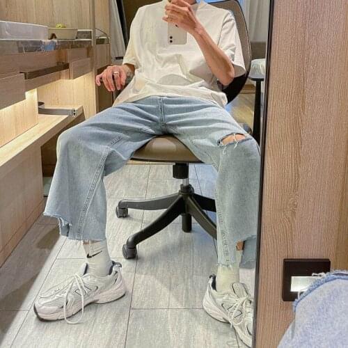 Summer Mens Edge Irregular Baggy Homme Casual Pants Classic Cargo Pocket Wash Jeans Loose Hole Straight Pants Nice Trousers