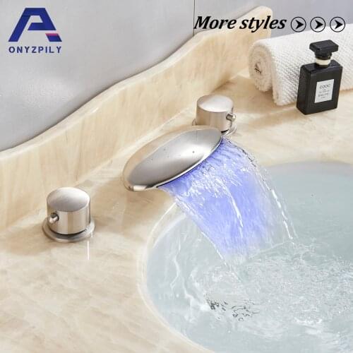 Brushed LED Basin Faucet Bathroom Sink Tap Gold Bathtub Swan Two Glass Handles 3 Hole Mixer Elegant tap Widespread torneira
