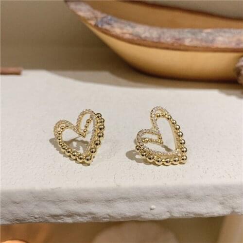 Minar Sweet Double Layered Hollow Love Heart Earrings for Women Gold Color Beads Rhinestone Heart Stud Earrings Kawaii Jewelry