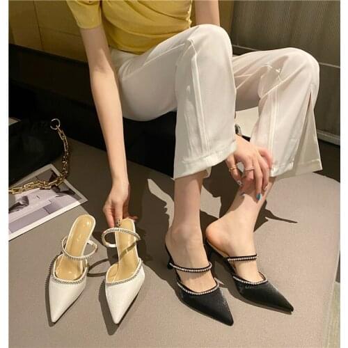 Fashion Baotou half slippers female high-heeled outer wear 2021 new pointed rhinestone white stiletto sandals and slippers