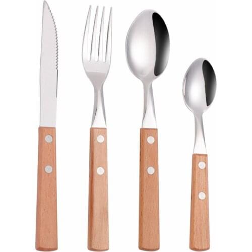 4Pcs Yellow Wooden Handle Cutlery Set Stainless Steel Luxury Home Spoon Wooden Handle Tableware Kitchen Complete Dinnerware Set