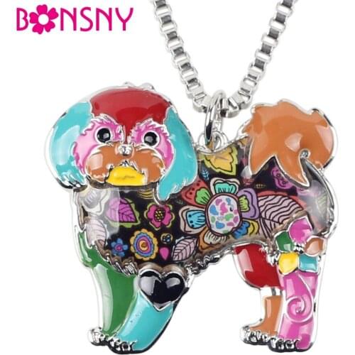 Bonsny Enamel Alloy Shih Tzu Dog Necklace Pendant Chain Collar Elegant Animal Jewelry For Women Girls Pet Lovers Gifts Wholesale