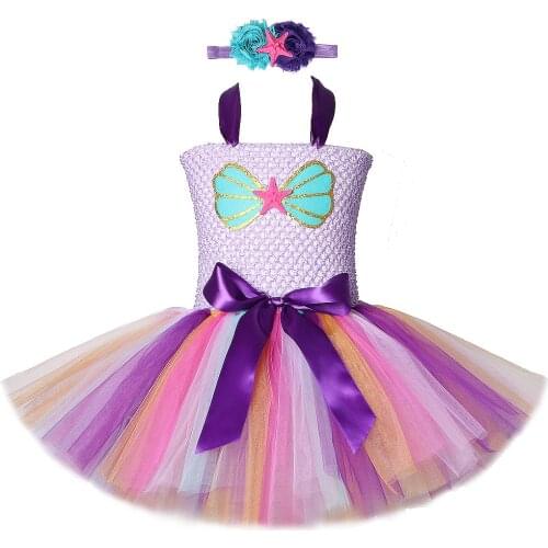 Lavender Mermaid Princess Costumes for Girls Kids Sea-maid Tutu Dress with Flower Seastar Headband Birthday Party Dresses Outfit
