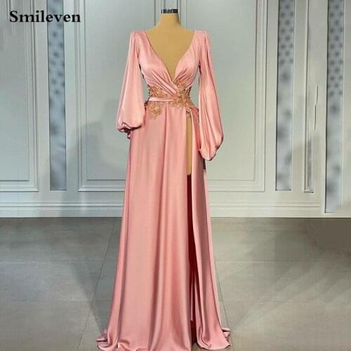 Smileven Pink V Neck Saudi Arabia Evening Dresses With 3D Appliques Special Occasion Dresses Puff Sleeve Evening Party Gowns