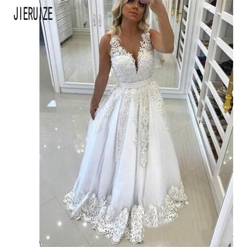 JIERUIZE Sexy Beaded Wedding Gowns Sleeveless V Neck Backless Lace Appliques Beads Sash A Line Wedding Dresses vestidos de noiva
