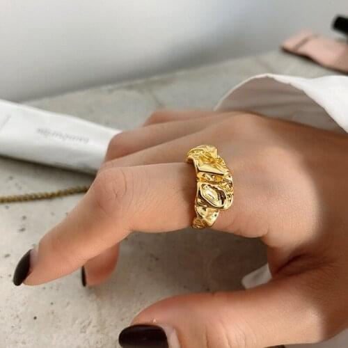 Silvology 925 Sterling Silver Irregular Rock Texture Rings Folds Tin Foil French Style Wide Rings for Women Fashionable Jewelry