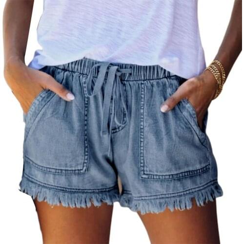 Women Denim Shorts Fashion Mid Rise Drawstring Summer Elastic Waist Tassel Denim Short Jeans Dating Jogger Shorts