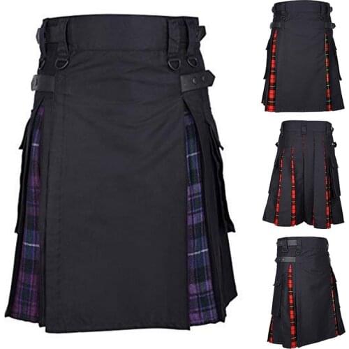 Scottish Mens Casual Kilt Traditional Plaid Belt Pleated Bilateral Chain Brown Gothic Punk Tartan Trousers Skirt Plus 5XL