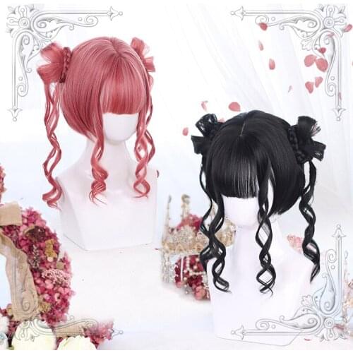 High Quality Lolita Bunches Daily Loveliness Girl Red And Black Short Wig Fairy Cosplay Party