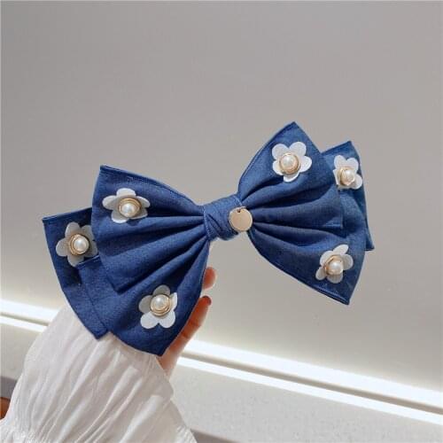 Korean Flower Denim Bow Multi-layered Hairgrips Hairpins Adult Pearl Bow Hair Clips Barrettes Headpiece Girls Hair Accessories