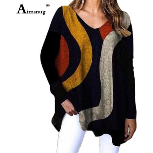 Plus Size 4xl 5xl Patchwork Color Print T-Shirt Women Long Sleeve 2020 New Autumn Shirt Tees Ladies V-neck Top 3D Tshirt Femme