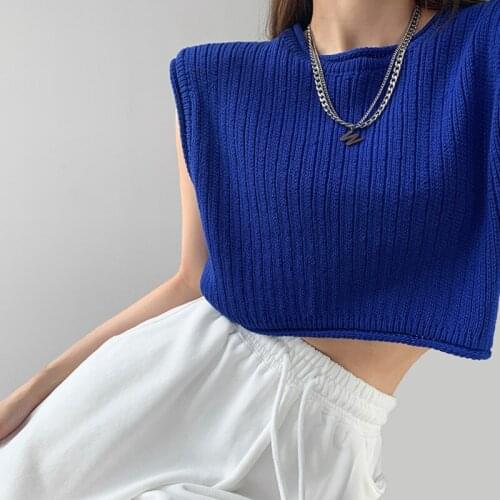 WOMENGAGA 2021 Spice Girl Solid Color Sleeveless Knitted Vest Niche Design Women Short High Waist Crew Neck T-shirt New 8B4J