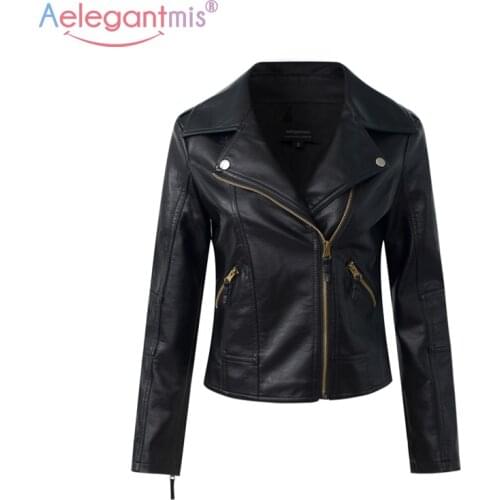 Aelegantmis Classic Black PU Leather Jacket Women Cool Slim Short Motorcycle Jackets Ladies Autumn Coat Basic Street Outerwear