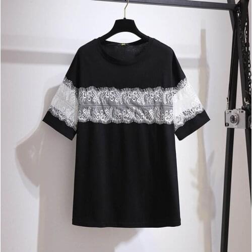 150Kg Plus size womens summer loose lace round neck T-shirt bust 157cm 6XL 7XL 8XL 9XL 10XL solid short-sleeved t-shirt black
