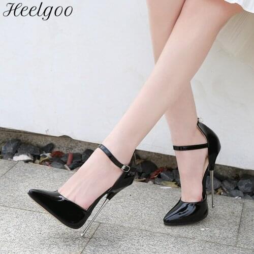 Heelgoo 16cm Extremely High Metal Heel Women Patent D'Orsay Stiletto Pumps Sexy Ladies Pointed Toe Ankle Strap Shoes Size 45 46