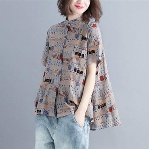 Oversized Women Cotton Linen Shirts New Arrival 2021 Summer Vintage Style Stand Collar Print Loose Female Casual Tops S3543