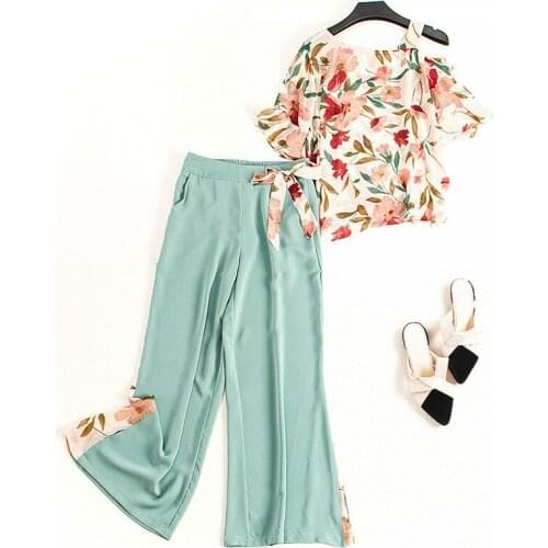 2019 ladies suit new summer fashion print shirt was thin and fall feeling chiffon wide leg pants two sets of wild women