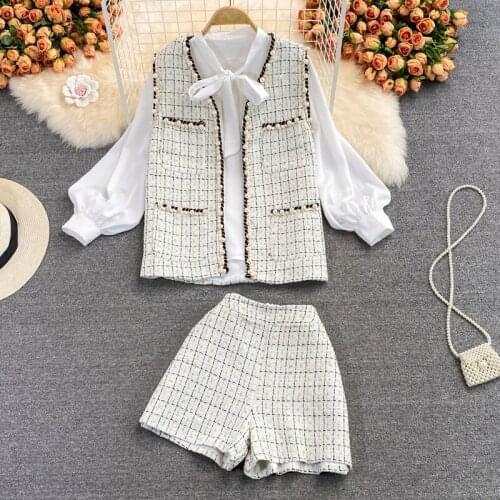 Small Fragrance Tweed Three Piece Set Women Shirt Blouse + Vest Jacket Coat + Shorts Sets Autumn Korean Sweet 3 Piece Pant Suits