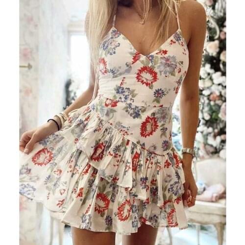 Boho Inspired ruffled floral-print cotton dress women straps tiered mini dress cute summer dress sleeveless ladies dress party