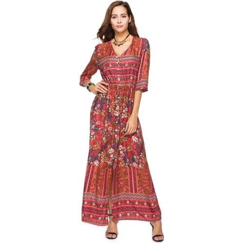 2019 New Summer Dress Beach Fashion Trendy Temperament Print Plus Large Size Thin Short Sleeve V Collar Long Women Dresses ZW139