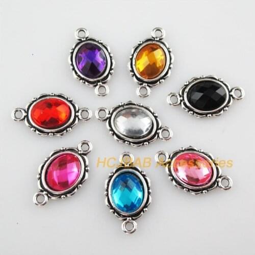 24 New Oval Acrylic Connectors Mixed Charms Tibetan Silver Tone Pendants 12x21mm