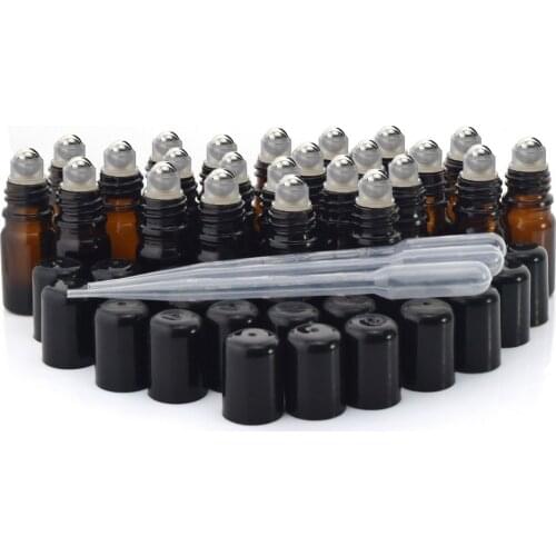 24pcs 5ml Amber Glass essential oil Roll on Bottles Vial with stainless steel roller ball black cap lid for perfume aromatherapy