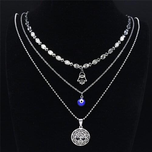 3pcs Fashion Stainless Steel Islam Hamsa Hand Eye Layered Necklace Women Silver Treen of Life Jewelry 2021 ojo turco NXS04
